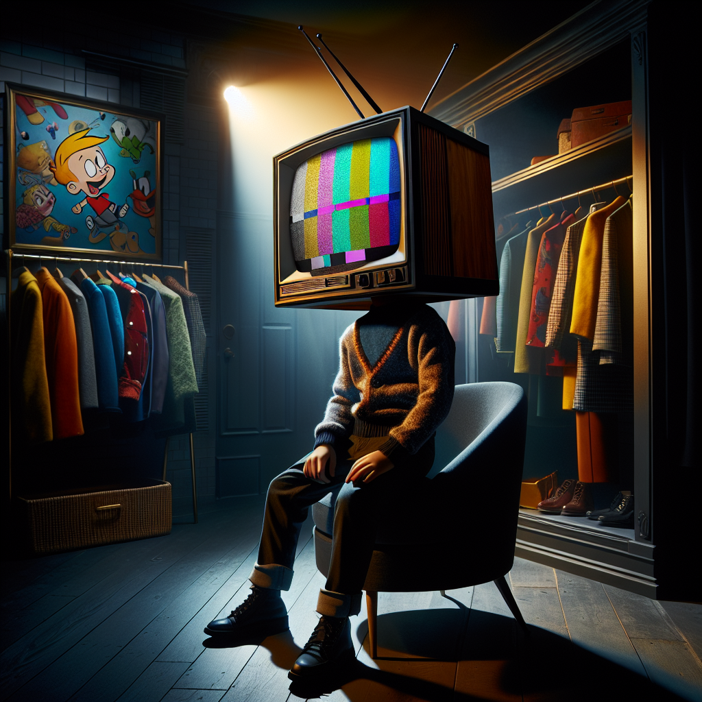 **"Imagine a quirky and artistic portrait of a young boy with a television for a head, set against a moody, dimly lit room that evokes a sense of nostalgia. The TV screen flickers with bright, colorful static and iconic cartoons, while the boy's body emerges from a stylish, modern wardrobe lined with eclectic clothing. The lighting casts dramatic shadows, creating a contrast between the boy's bright, animated head and the muted colors of the room. The overall composition conveys a sense of playful absurdity, inviting the viewer to explore the merging of reality and imagination."**