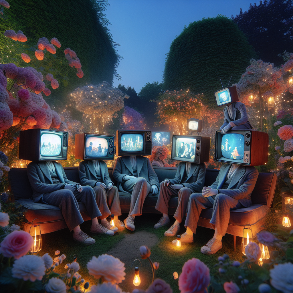 **"In a whimsical garden during twilight, five human figures with vintage televisions for heads are seated on a plush, oversized couch. The screens glow softly with flickering images of classic films, reflecting their animated conversations filled with laughter and nostalgia. Surrounding them, blooming flowers and twinkling fairy lights enhance the magical ambiance, while the soft twilight casts a dreamy, ethereal light across the scene, inviting viewers into this enchanting world of imagination."**