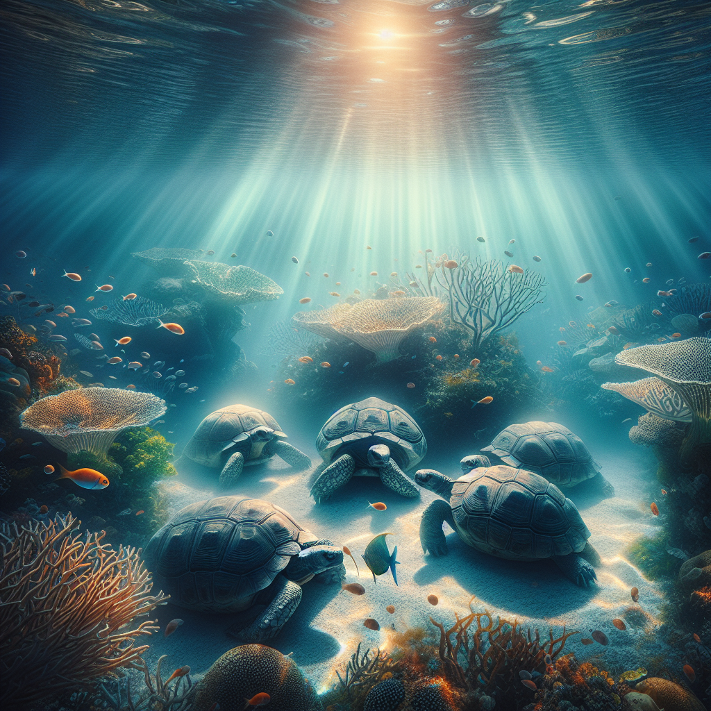 **Dreamy Underwater World**: Imagine five tortoises nestled comfortably at the bottom of a crystal-clear lagoon, surrounded by gentle coral formations. The sunlight streams down from the surface, creating a magical interplay of light and shadows that dances on their shells. Tiny fish swim curiously around them, and colorful sea plants sway gently in the current. The mood is peaceful and dreamlike, with a soft, ethereal glow illuminating the scene, showcasing the beauty of life beneath the waves.