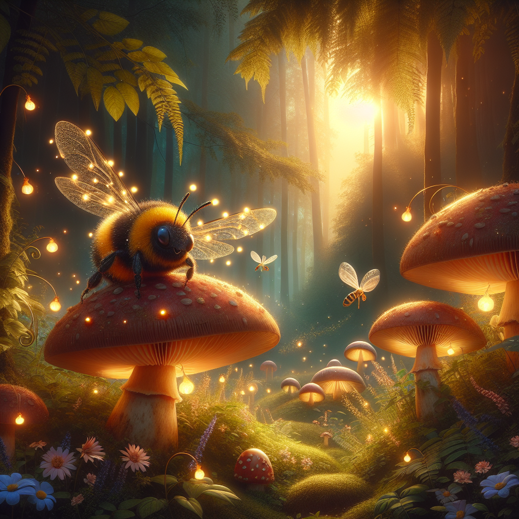 **Fantasy Forest Adventure**: "A cute, chubby bumblebee adorned with tiny sparkling fairy lights, fluttering joyfully amidst a mystical forest filled with giant mushrooms and glowing fireflies. The setting sun casts a warm, golden glow, illuminating the scene in soft, enchanting light. In the foreground, delicate flowers sway gently in the breeze, and in the background, a gentle mist adds an ethereal quality to the lush greenery, creating a magical atmosphere of playful adventure.