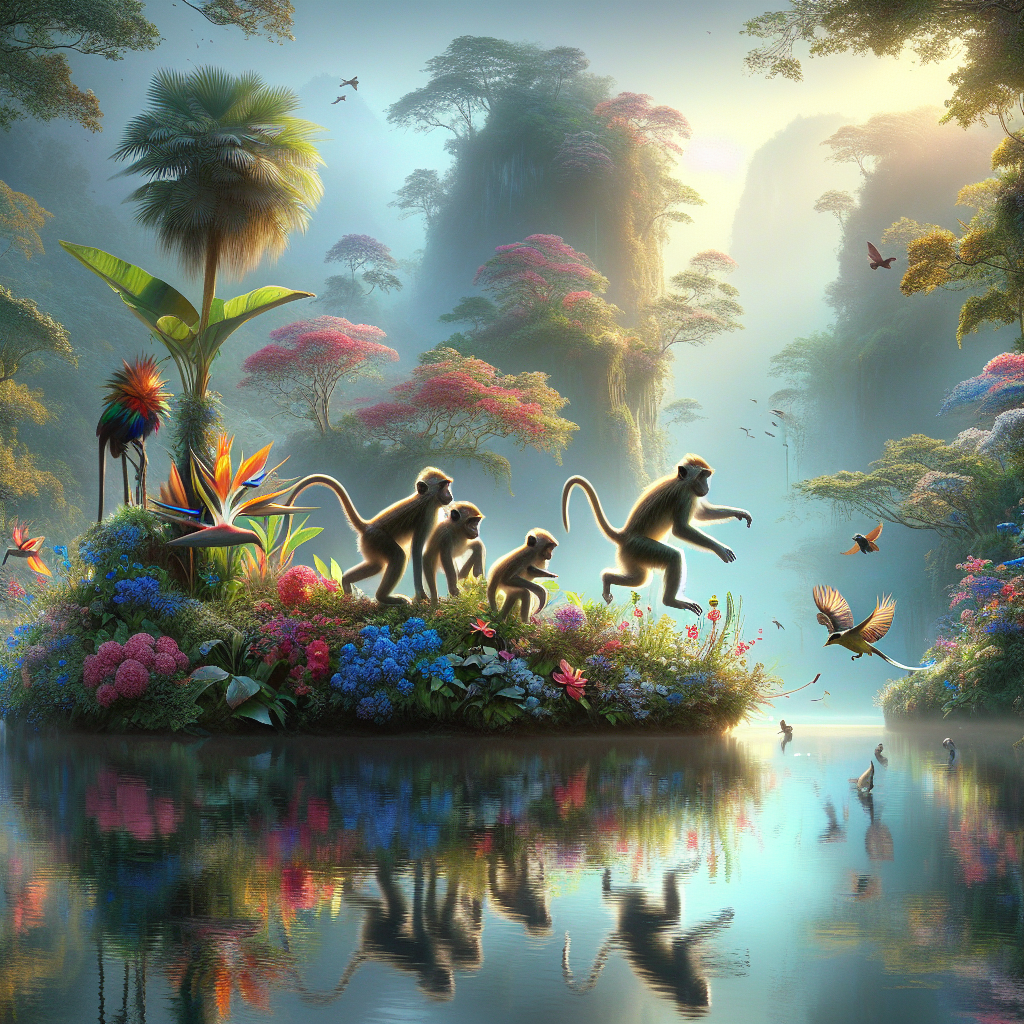 **"A serene water island where curious monkeys frolic amidst vibrant floral landscapes, their reflections shimmering in the calm lagoon. The scene is set in the early morning, with soft, diffused sunlight filtering through mist, creating a magical, ethereal quality. The monkeys are depicted engaging in playful antics, while colorful tropical birds flit around, adding a lively splash of color against the lush greens and blues of the island paradise."**