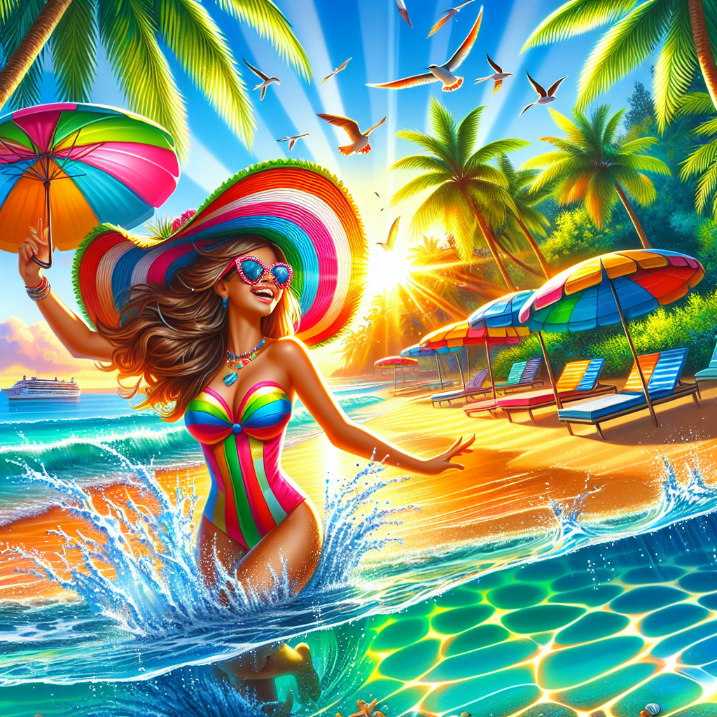 **Vibrant Tropical Adventure**: Create a lively scene depicting a girl joyfully splashing in the shallow, transparent waters of a vibrant Thai beach, with colorful beach umbrellas and lush palm trees in the background. She sports a playful, brightly colored swimsuit and oversized sunglasses, embodying the spirit of summer. The sunlight filters through the palm fronds, creating patterns on the sand, while the waves gently lap at her feet. Birds soar above in a clear blue sky, and a distant long-tail boat adds a touch of adventure to this picturesque tropical paradise.