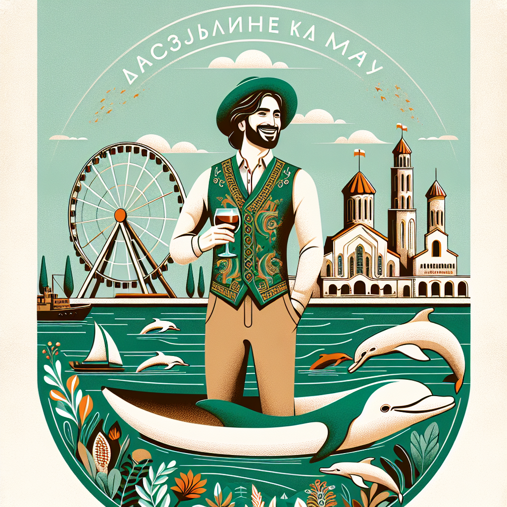 A minimalist and stylish illustration on a light background in natural tones (beige, bright green, and blue).
In the center — a large Adjarian khachapuri, floating on a calm sea like a boat.

Standing in full height on the khachapuri is a young man with a smile and a beard, wearing a papakha on his head, a traditional green Georgian vest with golden embroidery, sunglasses, and holding a glass of red wine.
The vibe is light, adventurous, with a warm and humorous atmosphere.

In the sea nearby, dolphins are swimming and jumping.

In the background — the cityscape of Batumi, with recognizable landmarks like the Ferris wheel, Alphabetic Tower, and modern buildings, all stylized and harmoniously integrated into the scene.

Above the character, there’s an elegant inscription in Russian: “Расписание на май” (“Schedule for May”) — written in a modern yet readable font.

The overall atmosphere conveys coziness, spring inspiration, travel, lightness, and a touch of