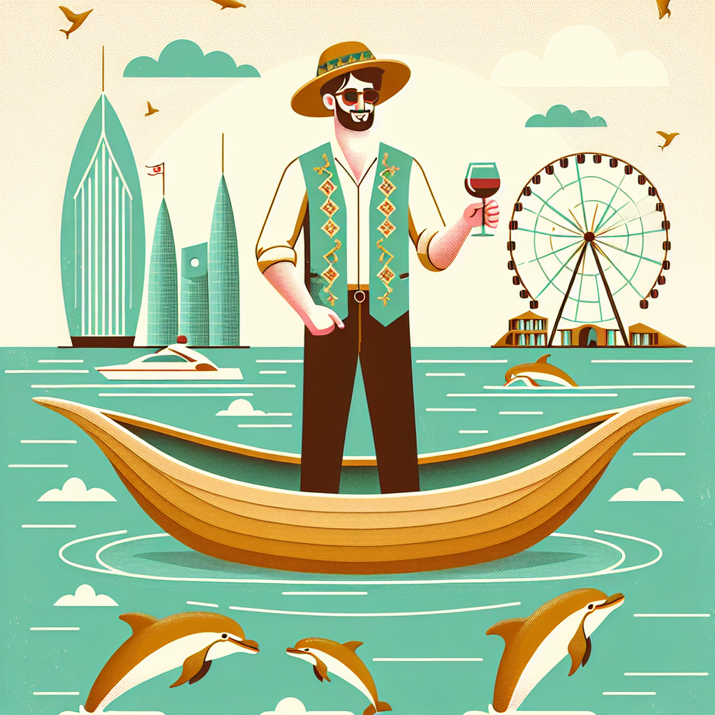 A minimalist and stylish digital illustration on a light background with natural tones (beige, bright green, sky blue). A large Adjarian khachapuri floats on a calm sea like a boat. On the khachapuri stands a young man in full height, smiling, with a beard, wearing a papakha hat, a traditional green Georgian vest with golden embroidery, and sunglasses, holding a glass of red wine. Dolphins are jumping around in the sea. In the background, a stylized Batumi cityscape with the Ferris wheel, Alphabetic Tower, and modern buildings. Light, whimsical, travel-inspired atmosphere with springtime coastal vibes.